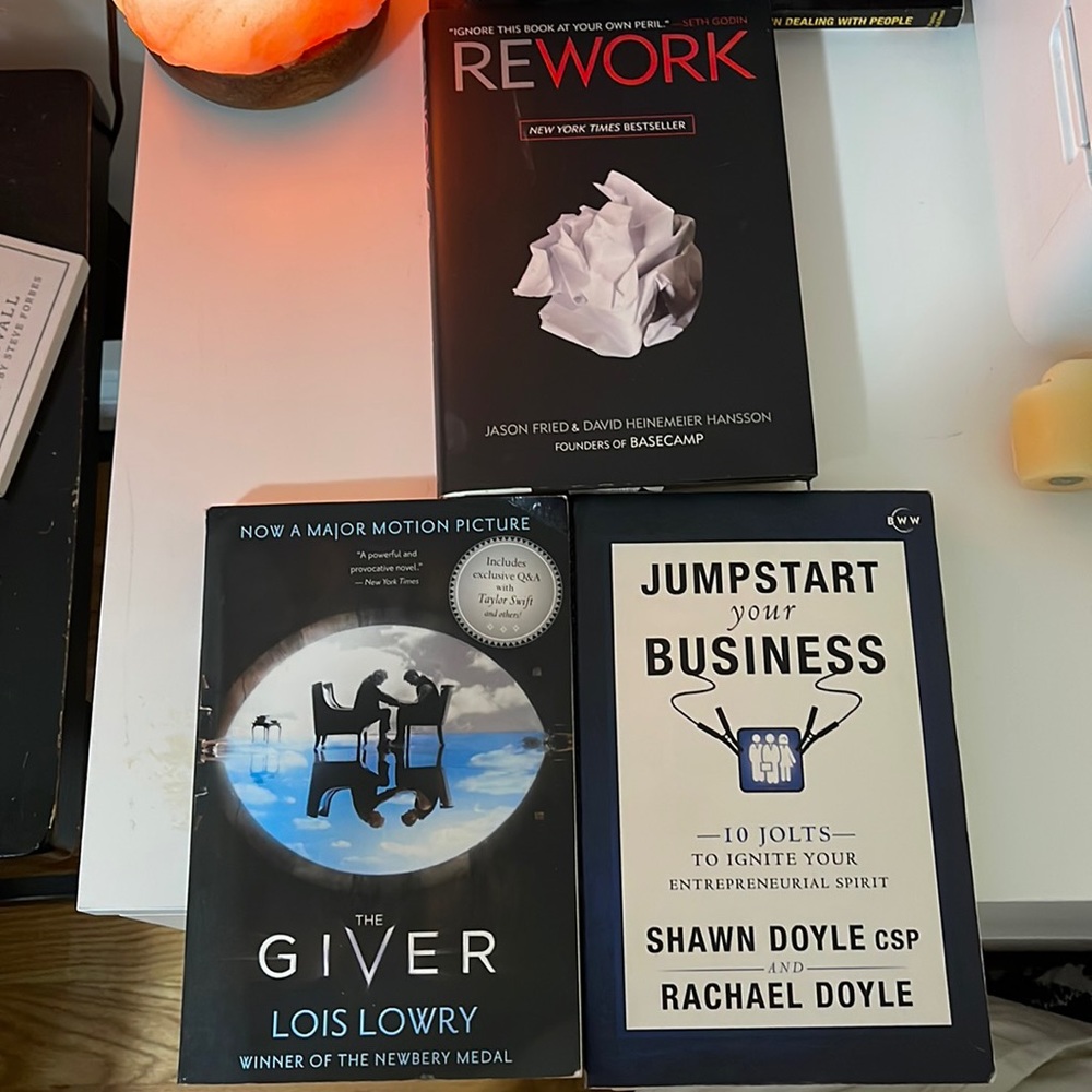 3 books by Shawn Doyle and Rachel Doyle, Lois Lowry, Jason Fried